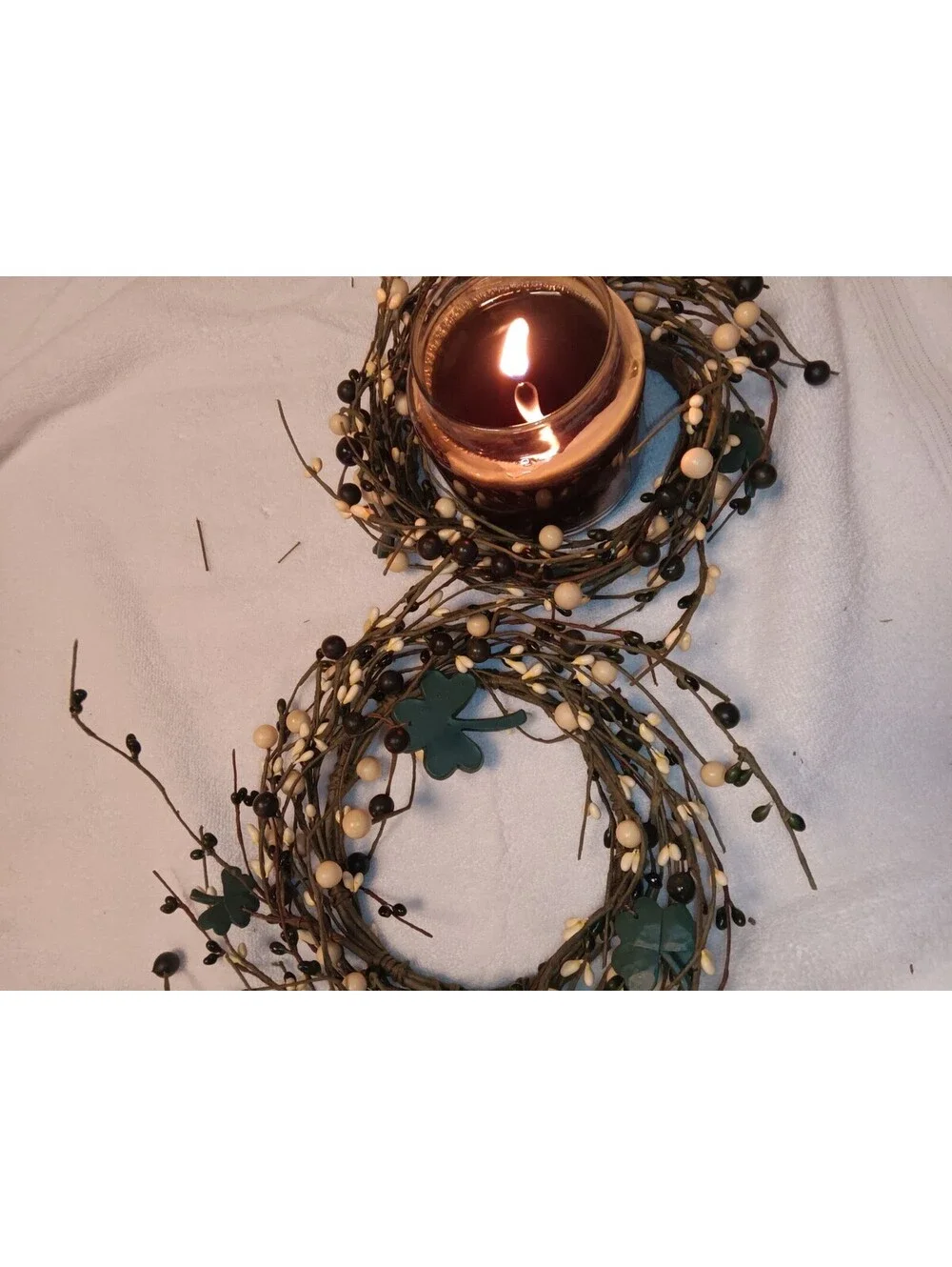 Rustic Country Style Black & Cream Berry Pillar Candle Wreaths (2pc) Shamrock